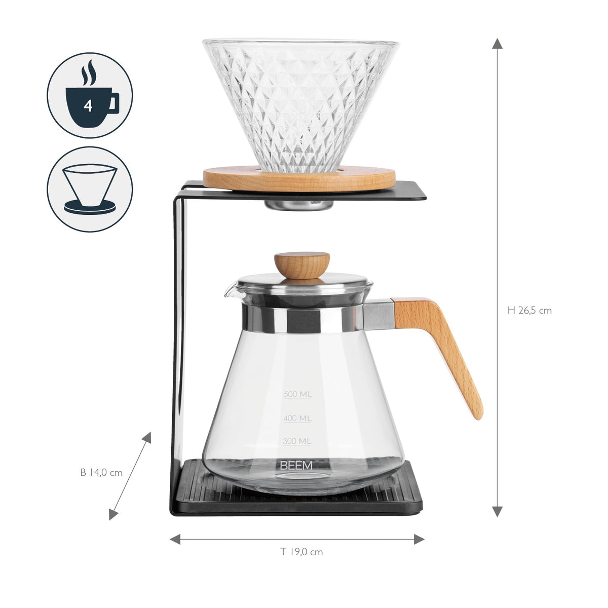 Pour Over Kaffeebereiter Aus Glas – 600 Ml, Mit Doppeltem Edelstahlfilter, Holzhülle & Korkverschluss